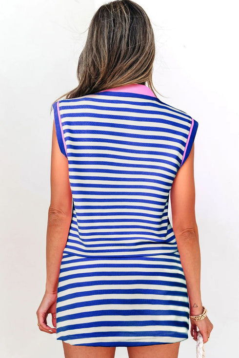 Textured Stripe Sleeveless Zip Collar Accent Trim Two Piece Dress