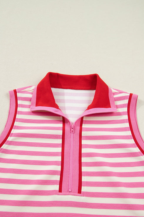 Textured Stripe Sleeveless Zip Collar Accent Trim Two Piece Dress