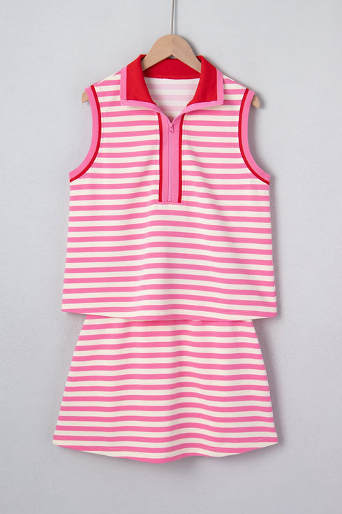 Textured Stripe Sleeveless Zip Collar Accent Trim Two Piece Dress