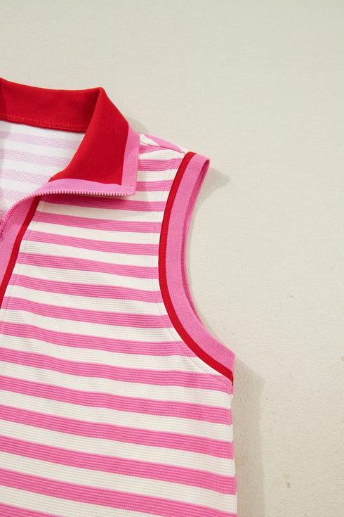 Textured Stripe Sleeveless Zip Collar Accent Trim Two Piece Dress