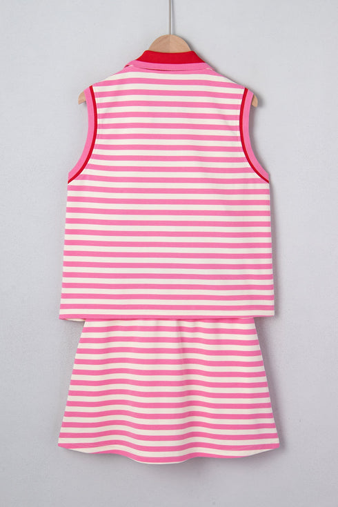 Textured Stripe Sleeveless Zip Collar Accent Trim Two Piece Dress