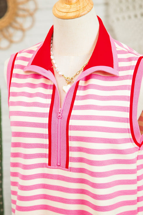 Textured Stripe Sleeveless Zip Collar Accent Trim Two Piece Dress