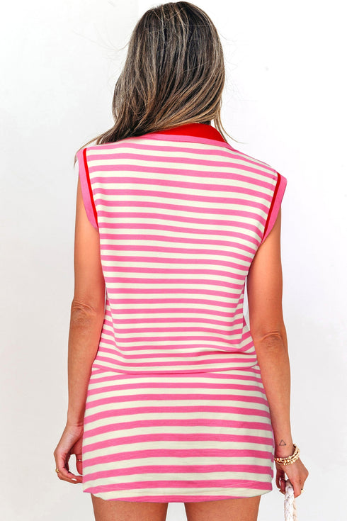 Textured Stripe Sleeveless Zip Collar Accent Trim Two Piece Dress