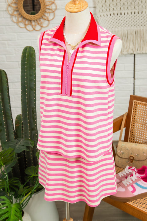 Textured Stripe Sleeveless Zip Collar Accent Trim Two Piece Dress