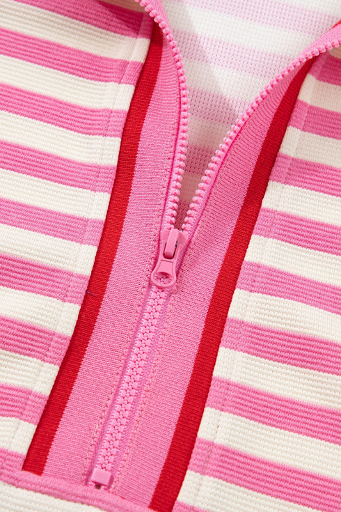 Textured Stripe Sleeveless Zip Collar Accent Trim Two Piece Dress