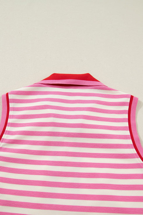 Textured Stripe Sleeveless Zip Collar Accent Trim Two Piece Dress