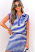 Textured Stripe Sleeveless Zip Collar Accent Trim Two Piece Dress