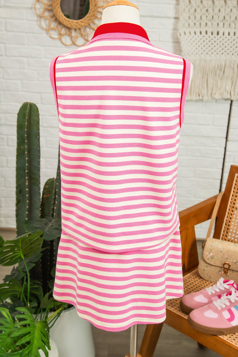 Textured Stripe Sleeveless Zip Collar Accent Trim Two Piece Dress