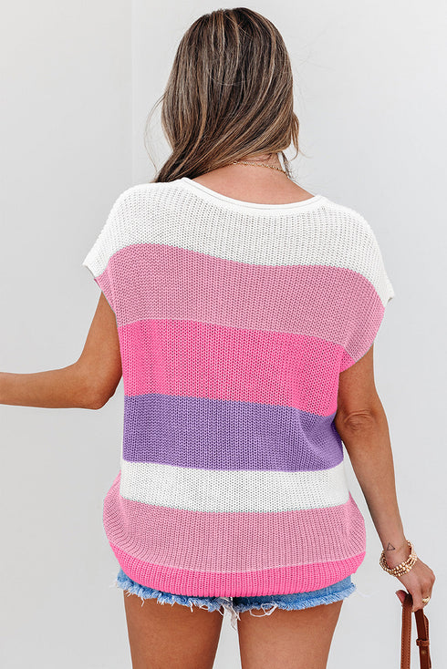 Textured Stripe Split Neck Cap Sleeve Knit Top
