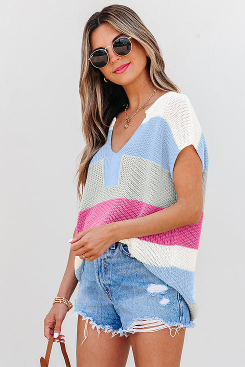 Textured Stripe Split Neck Cap Sleeve Knit Top