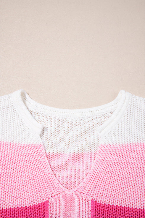 Textured Stripe Split Neck Cap Sleeve Knit Top