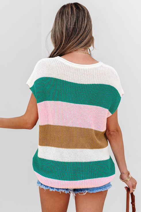Textured Stripe Split Neck Cap Sleeve Knit Top