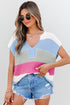Textured Stripe Split Neck Cap Sleeve Knit Top