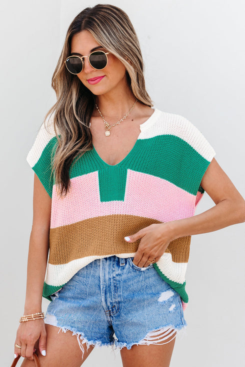 Textured Stripe Split Neck Cap Sleeve Knit Top
