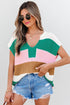 Textured Stripe Split Neck Cap Sleeve Knit Top