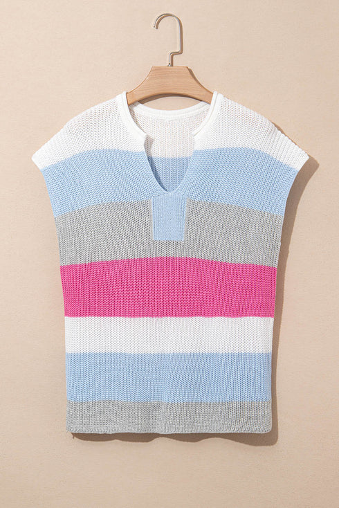 Textured Stripe Split Neck Cap Sleeve Knit Top