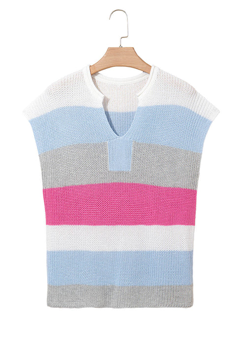 Textured Stripe Split Neck Cap Sleeve Knit Top