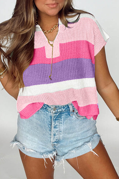 Textured Stripe Split Neck Cap Sleeve Knit Top
