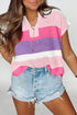 Textured Stripe Split Neck Cap Sleeve Knit Top