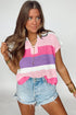 Textured Stripe Split Neck Cap Sleeve Knit Top