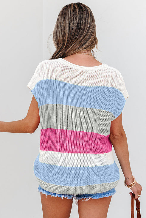 Textured Stripe Split Neck Cap Sleeve Knit Top