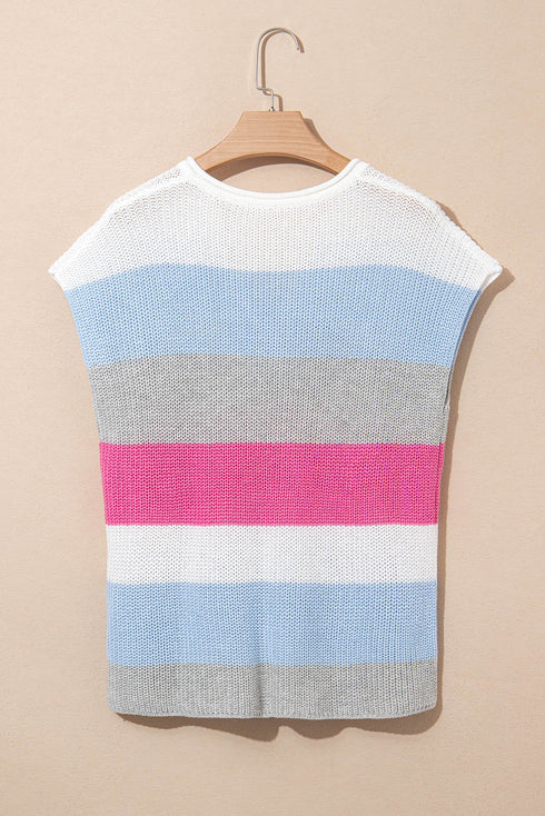Textured Stripe Split Neck Cap Sleeve Knit Top