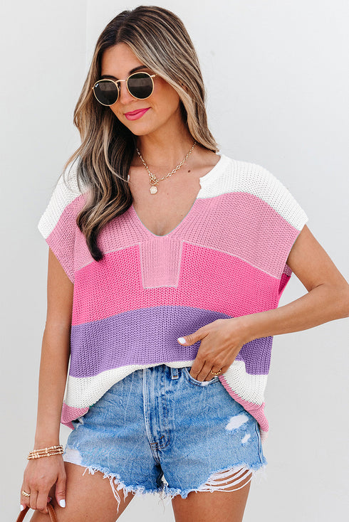 Textured Stripe Split Neck Cap Sleeve Knit Top