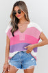 Textured Stripe Split Neck Cap Sleeve Knit Top