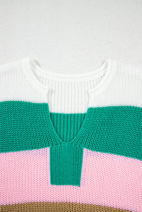 Textured Stripe Split Neck Cap Sleeve Knit Top