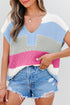 Textured Stripe Split Neck Cap Sleeve Knit Top