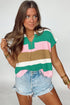 Textured Stripe Split Neck Cap Sleeve Knit Top