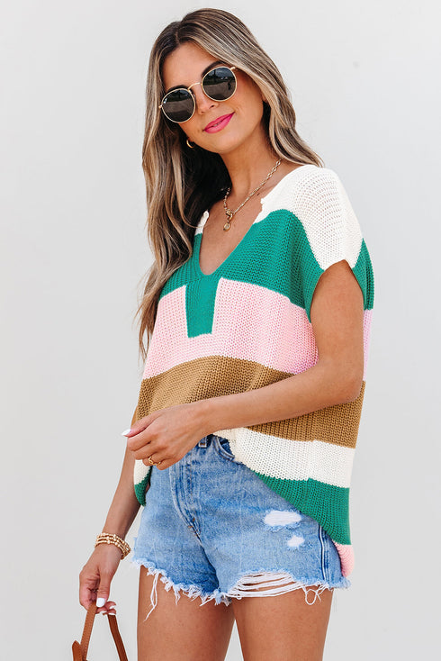 Textured Stripe Split Neck Cap Sleeve Knit Top