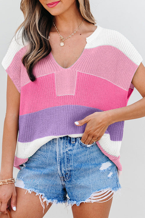 Textured Stripe Split Neck Cap Sleeve Knit Top