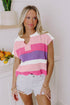 Textured Stripe Split Neck Cap Sleeve Knit Top