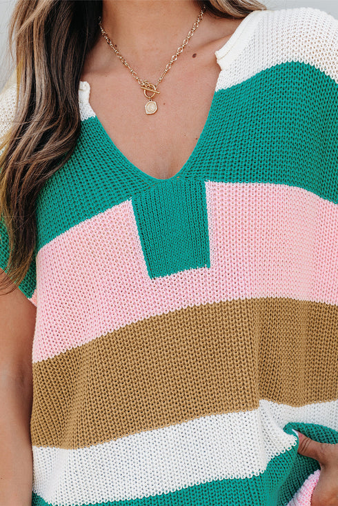 Textured Stripe Split Neck Cap Sleeve Knit Top