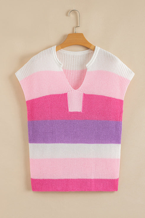 Textured Stripe Split Neck Cap Sleeve Knit Top