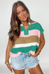 Textured Stripe Split Neck Cap Sleeve Knit Top