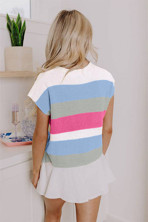 Textured Stripe Split Neck Cap Sleeve Knit Top