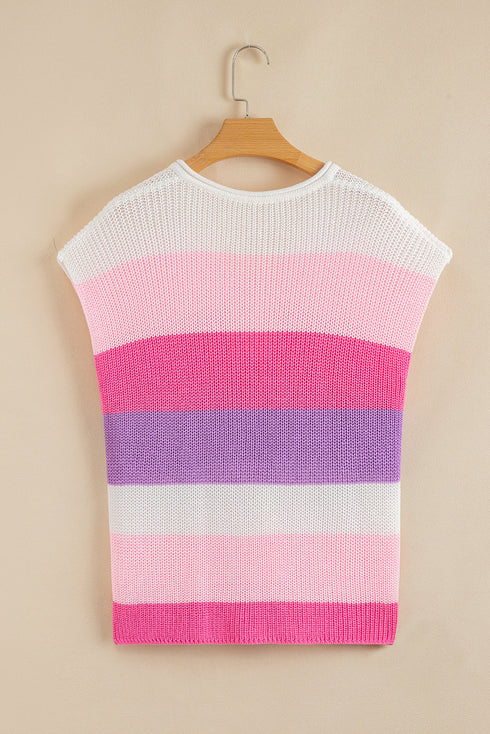 Textured Stripe Split Neck Cap Sleeve Knit Top
