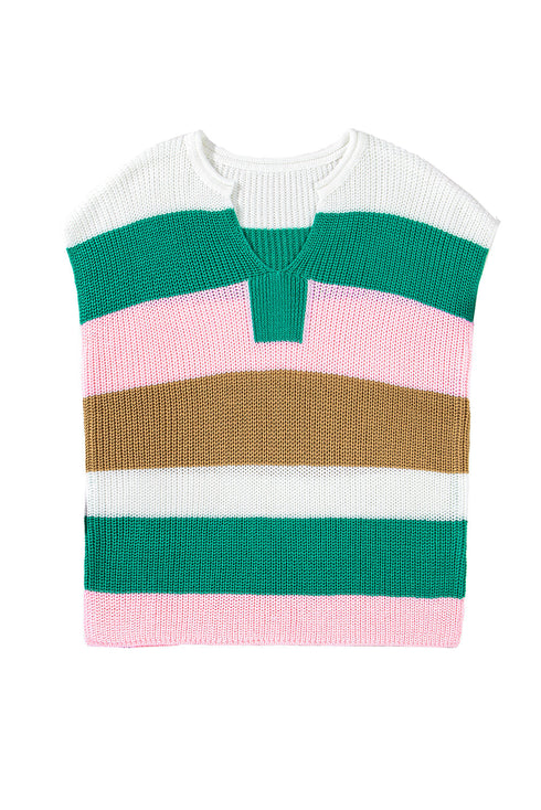 Textured Stripe Split Neck Cap Sleeve Knit Top