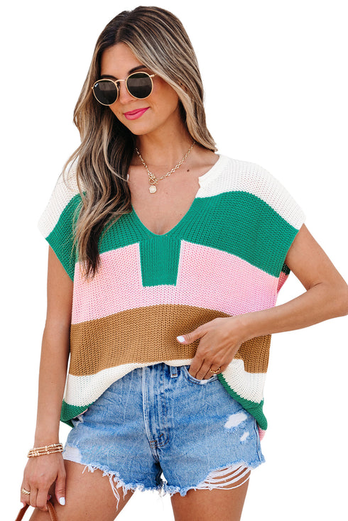 Textured Stripe Split Neck Cap Sleeve Knit Top