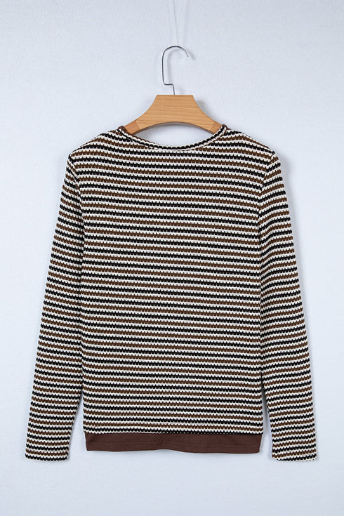 Textured Stripe Split Neck Long Sleeve Top
