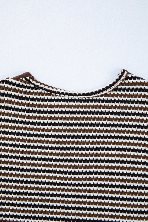 Textured Stripe Split Neck Long Sleeve Top