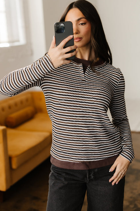 Textured Stripe Split Neck Long Sleeve Top