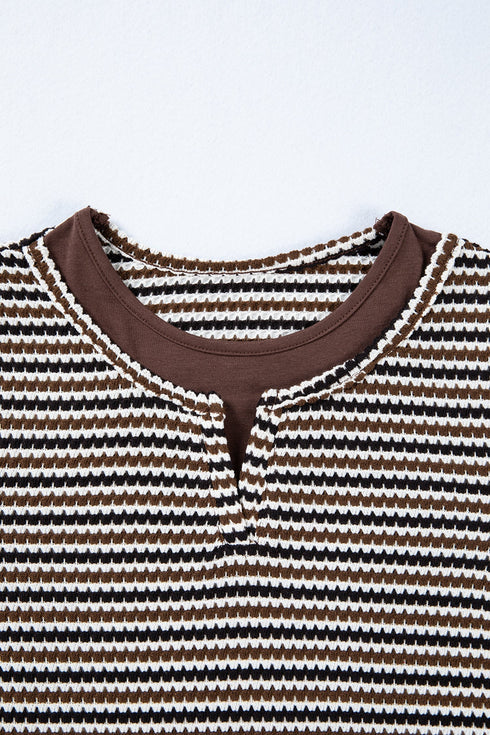 Textured Stripe Split Neck Long Sleeve Top