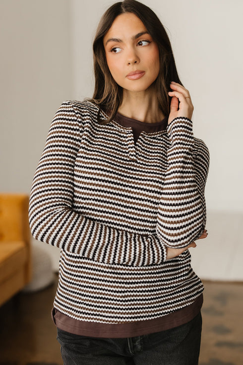 Textured Stripe Split Neck Long Sleeve Top