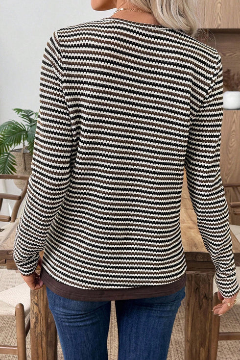Textured Stripe Split Neck Long Sleeve Top