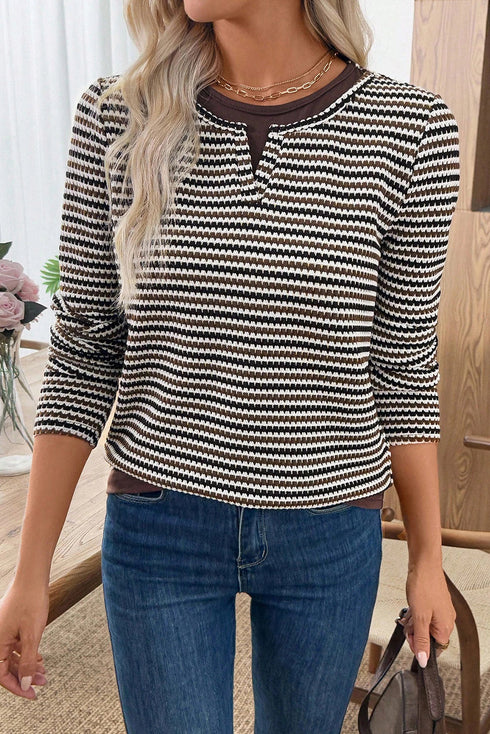 Textured Stripe Split Neck Long Sleeve Top