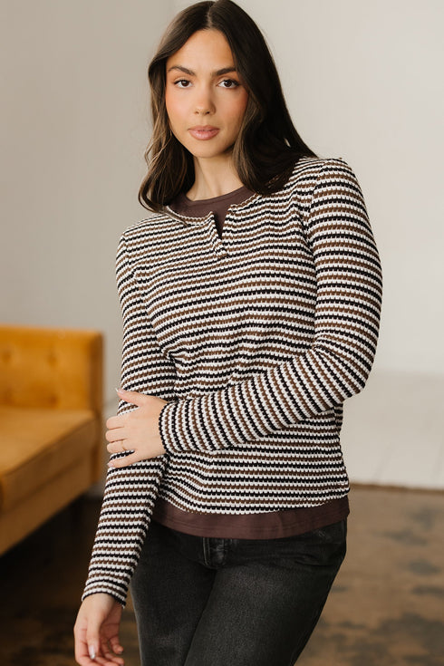 Textured Stripe Split Neck Long Sleeve Top