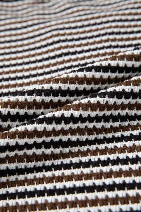Textured Stripe Split Neck Long Sleeve Top